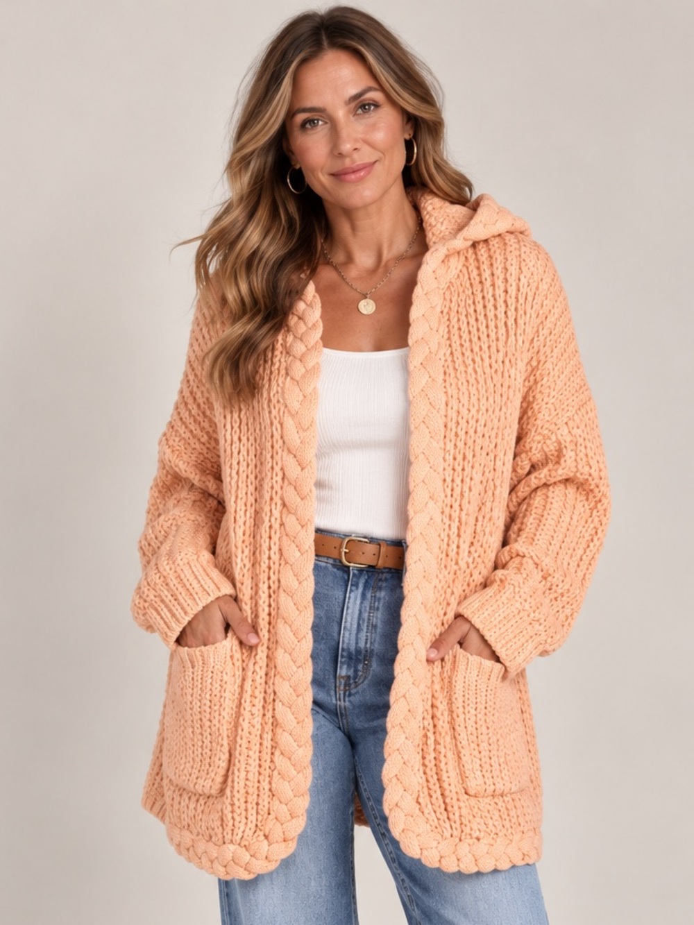 Cable Knit Hooded Cardigan with Braid Trim & Pockets – Peach